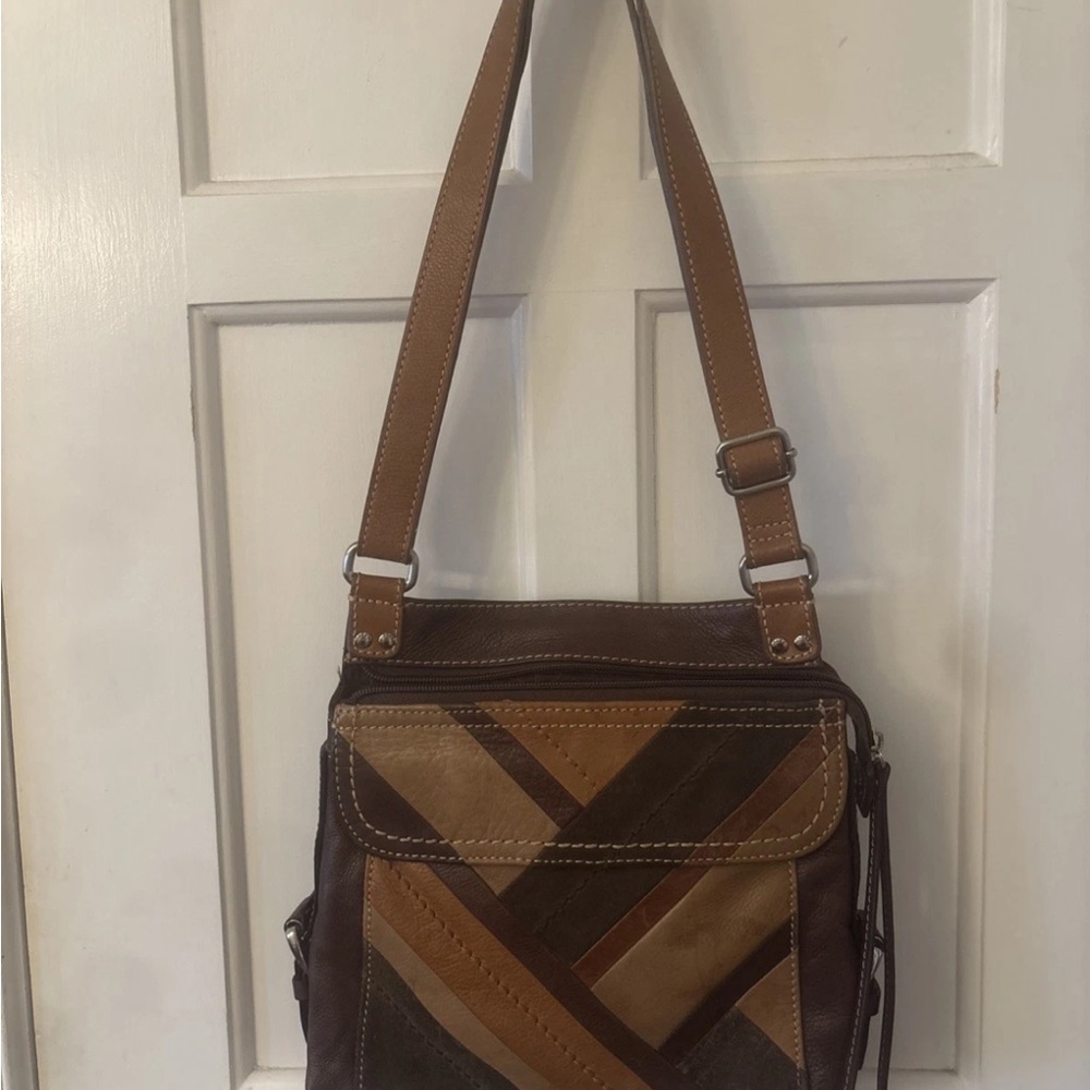 Leather Patchwork Crossbody Bag - Brown